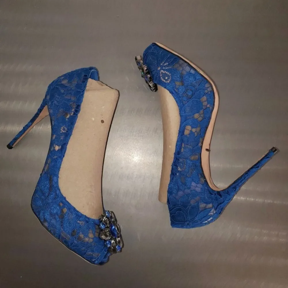 DOLCE & GABBANA Taormina Lace Crystals Blue Peep Toe Pump Heel Twee 39.5 - Picture 2 of 15